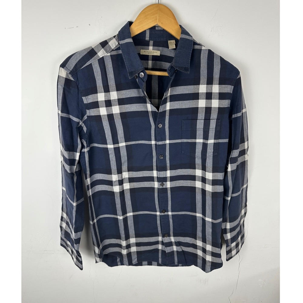 Burberry Brit Mens Navy Blue Check Plaid Cotton Button Down Shirt Size Small